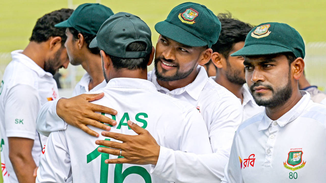 Najmul Hossain Shanto celebrates with his team-mates, Pakistan vs Bangladesh, 2nd Test, Rawalpindi, 5th day, September 3, 2024