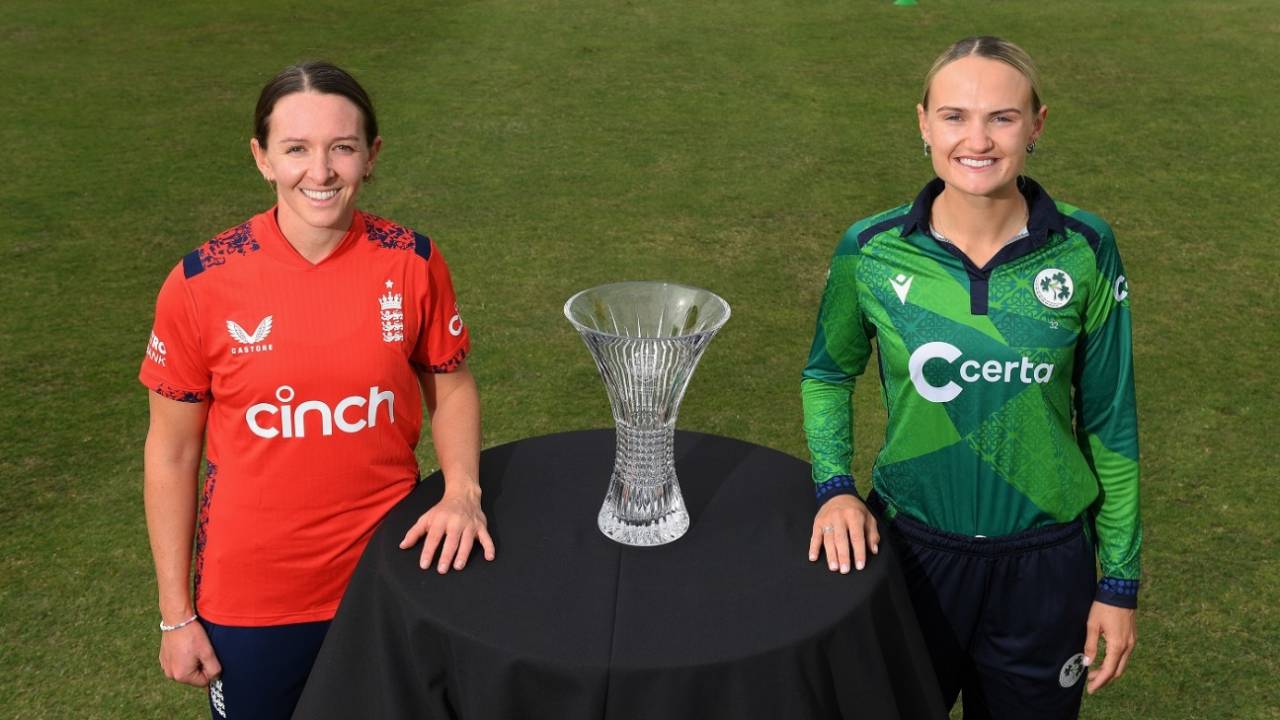 Captains Kate Cross and Gaby Lewis pose with the T20I trophy, Ireland vs England, Dublin, September 13, 2024