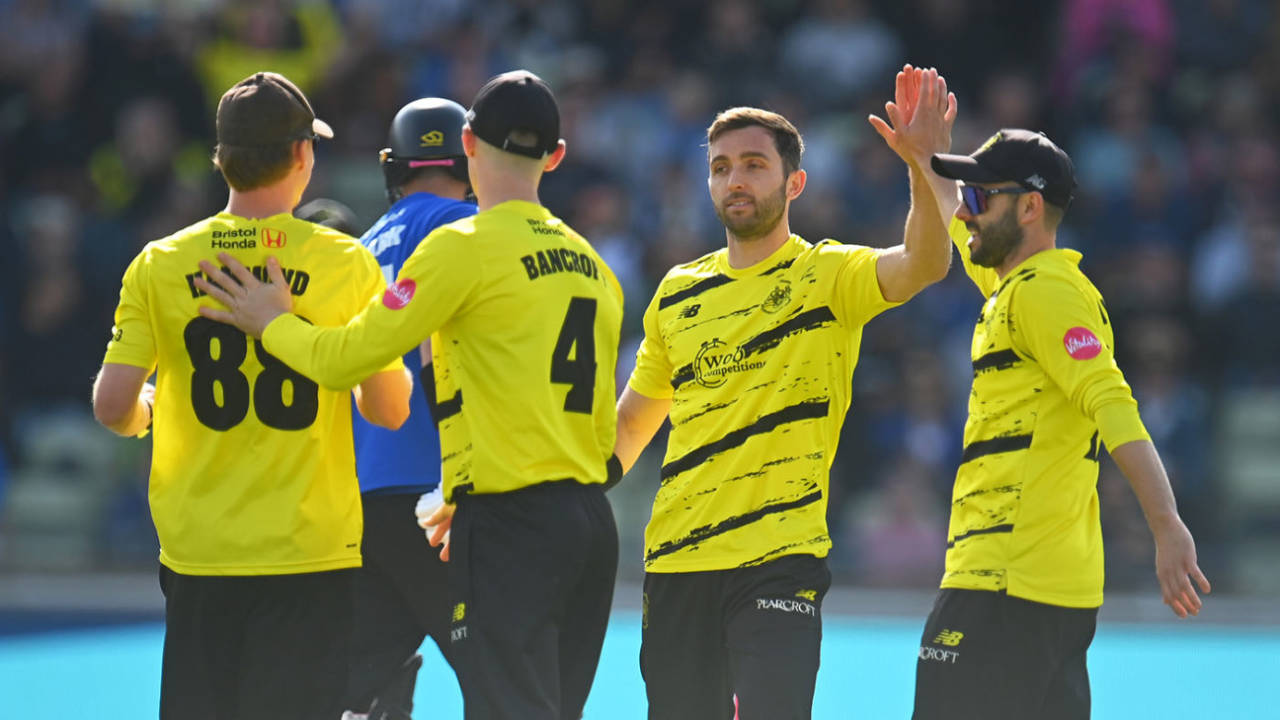 Matt Taylor celebrates a wicket, Gloucestershire vs Sussex, Vitality Blast semi-final, Edgbaston, September 14, 2024