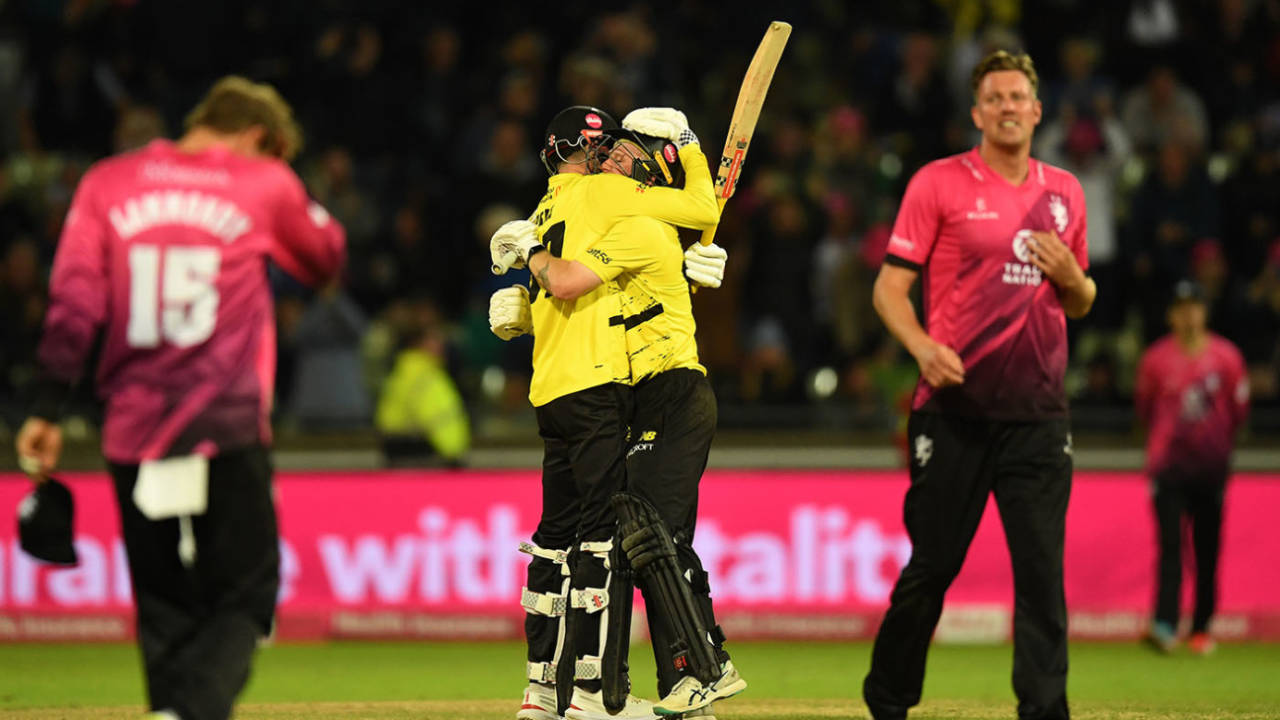 Oliver Price and Miles Hammond embrace after winning the Blast Final, Gloucestershire vs Somerset, Vitality Blast final, Edgbaston, September 14, 2024