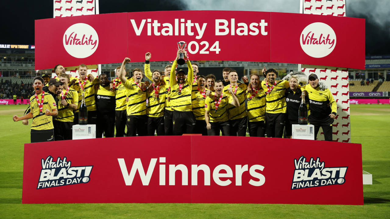 Gloucestershire celebrate with the trophy, Gloucestershire vs Somerset, Vitality Blast final, Edgbaston, September 14, 2024