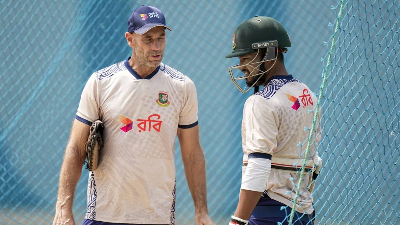 Bangladesh batting coach David Hemp works with captain Najmul Hossain Shanto at training, Chennai, September 16, 2024