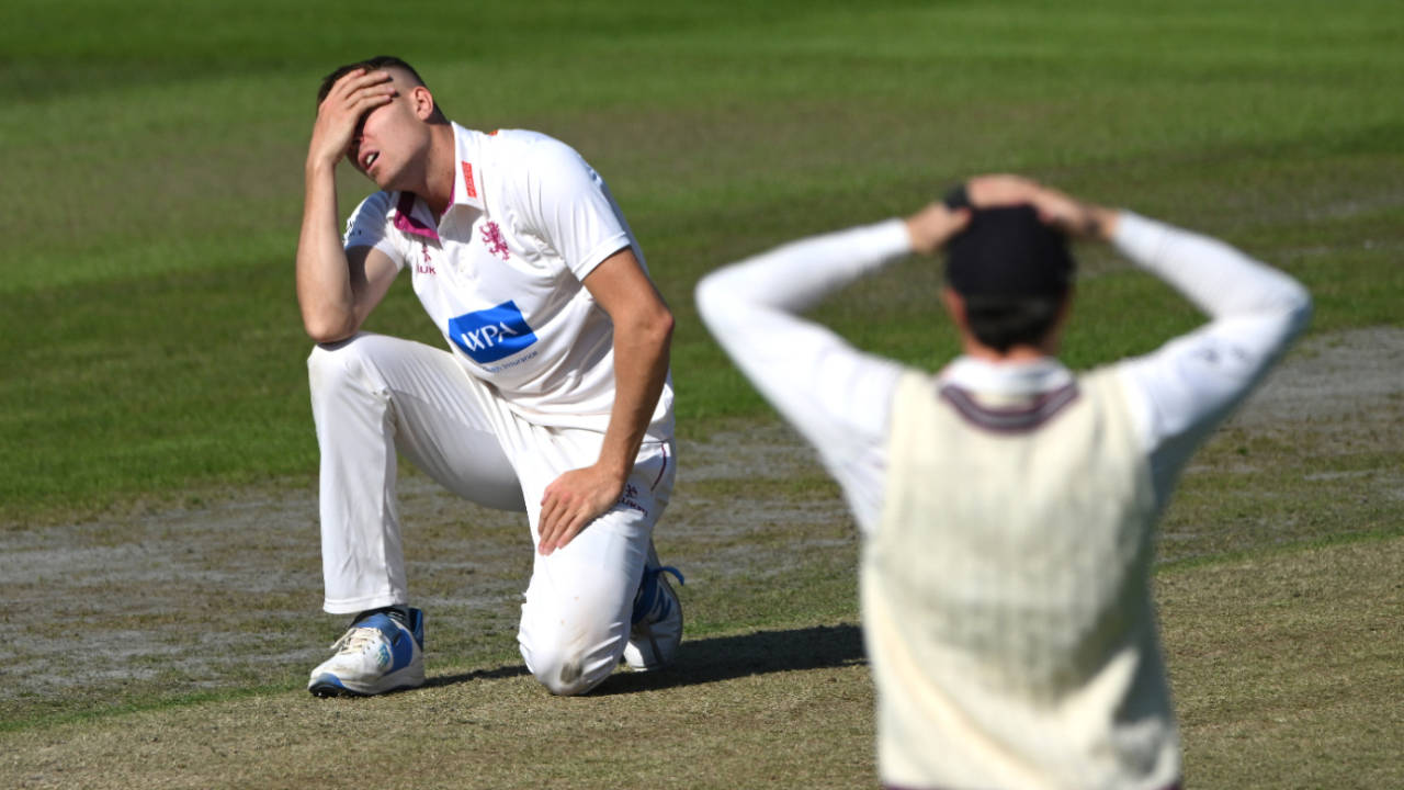 Kasey Aldridge grimaces as Somerset struggle for breakthroughs, Lancashire vs Somerset, County Championship, Division One, Old Trafford, September 18, 2024