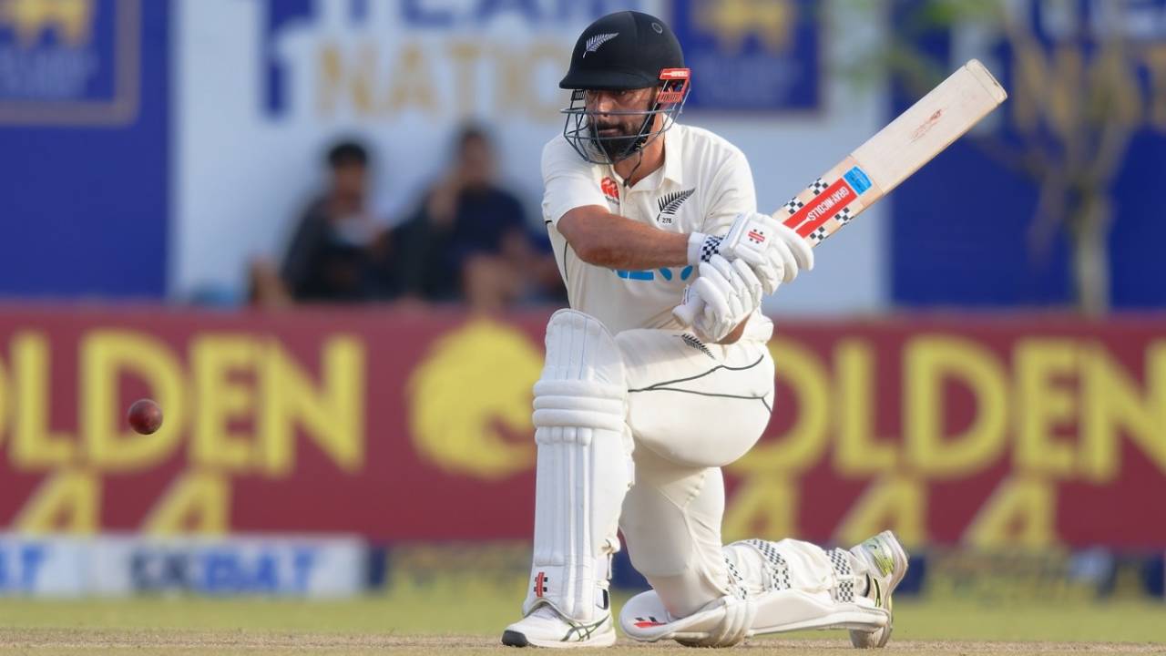 Daryl Mitchell attempts a reverse sweep, Sri Lanka vs New Zealand, 1st Test, Galle, 2nd day, September 19, 2024