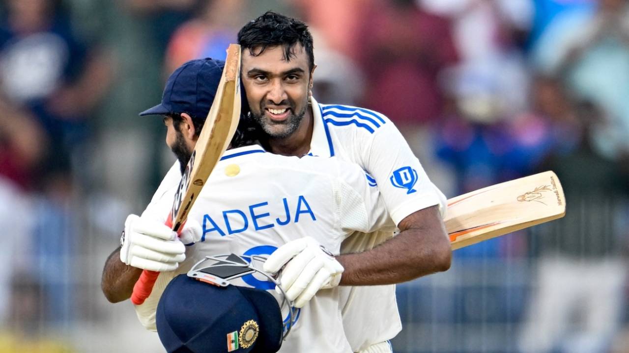R Ashwin gets a bear hug from Ravindra Jadeja after reaching his century, India vs Bangladesh, 1st Test, Chennai, 1st day, September 19, 2024