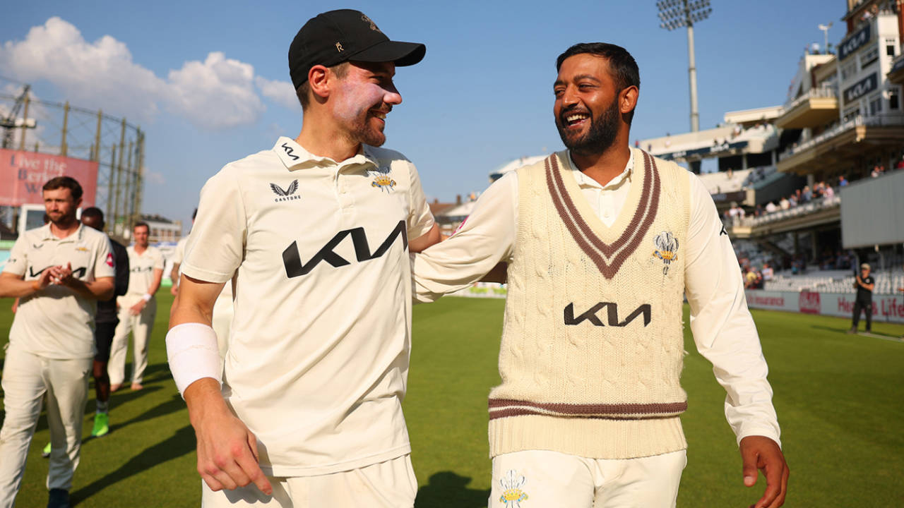 Rory Burns and Ryan Patel celebrate together, Surrey vs Durham, County Championship, The Oval, September 19, 2024