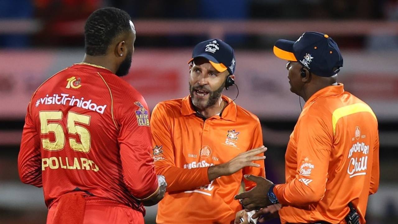 Kieron Pollard has a word with umpires Christopher Taylor and Patrick Gustard after confusion regarding Imad Wasim's potential dismissal, Trinbago Knight Riders vs Antigua And Barbuda Falcons, CPL 2024, Port of Spain, September 19, 2024