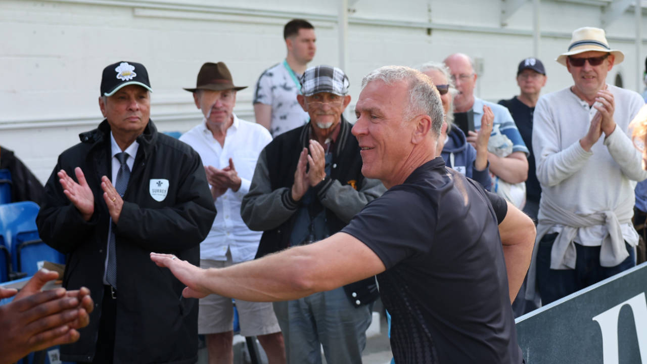 Alec Stewart celebrates with Surrey fans after their victory over Durham, Surrey vs Durham, County Championship, The Oval, September 19, 2024