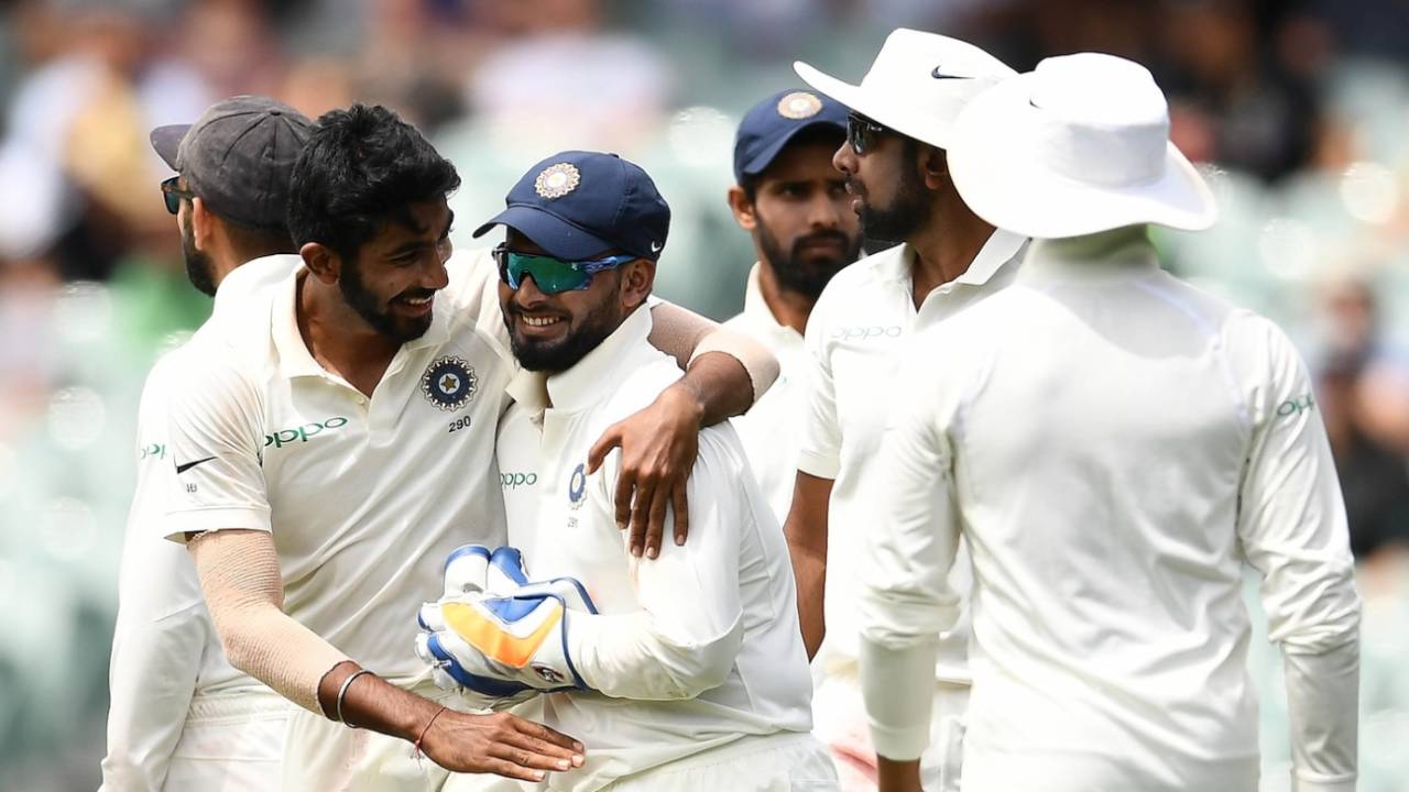 Jasprit Bumrah and Rishabh Pant celebrate a wicket, Australia vs India, 1st Test, Adelaide, 5th day, December 10, 2018