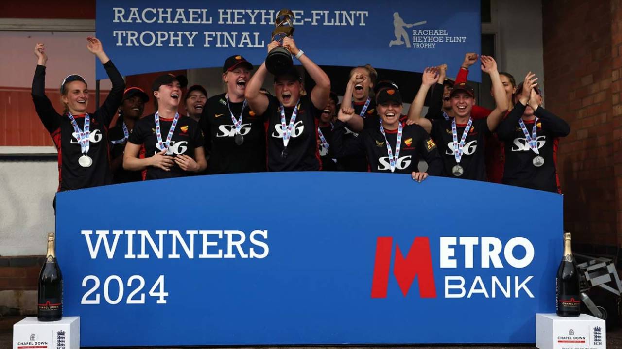 Grace Scrivens holds the Rachael Heyhoe Flint Trophy aloft, South East Stars vs Sunrisers, Rachael Heyhoe Flint Trophy, Final, Grace Road, September 21, 2024