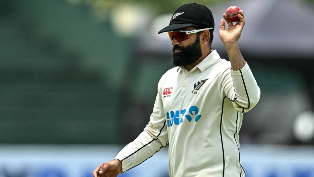 Ajaz Patel holds up the ball after his six-for, Sri Lanka vs New Zealand, 1st Test, 4th day, Galle, September 22, 2024