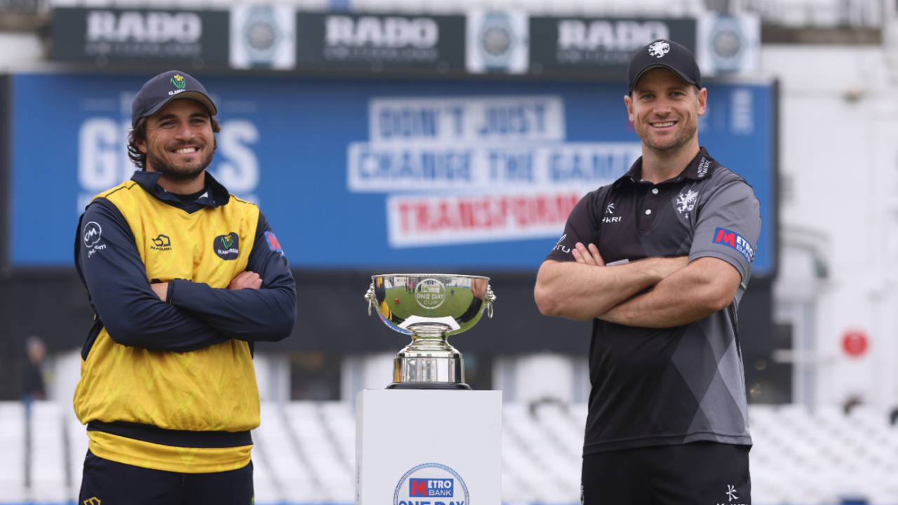 Sean Dickson and Kiran Carlson line up with the One-Day Cup, Somerset vs Glamorgan, Metro Bank One-Day Cup Final, Trent Bridge, September 23, 2024