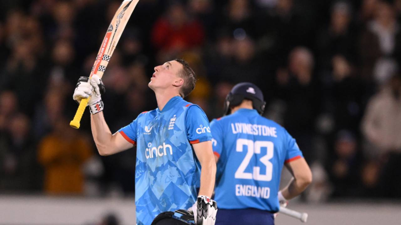 Harry Brook looks to the heavens after his maiden ODI century, England vs Australia, 3rd ODI, Chester-le-Street, September 24, 2024