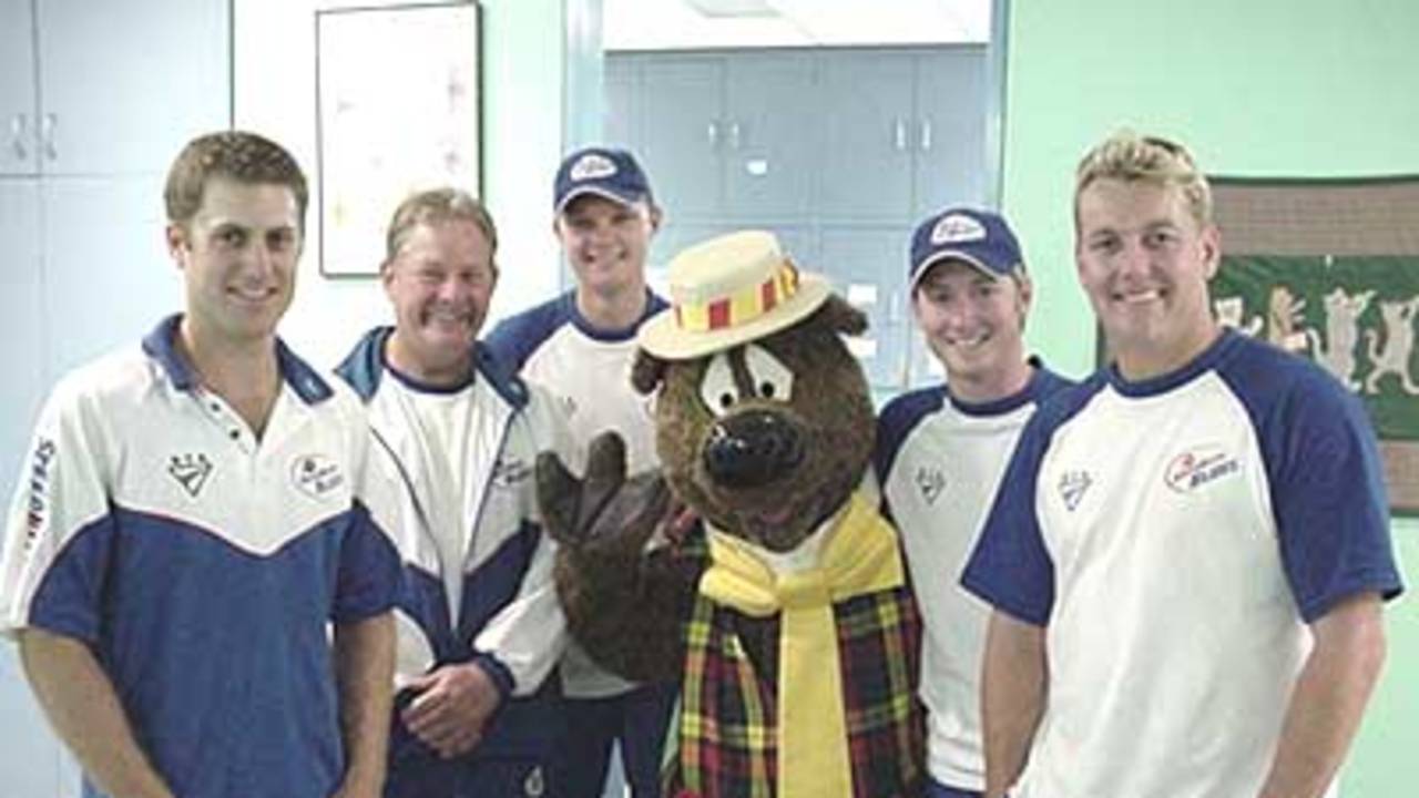 24 Oct 2002: Simon Katich, Steve Rixon, Doug Bollinger, Humphrey Bear, Michael Clarke and Shane Lee at Sydney Children's Hospital, Randwick for International Children's Day