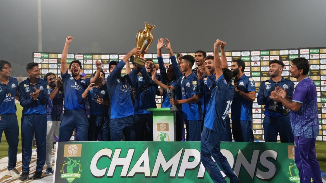 The Panthers players celebrate with the trophy, Panthers vs Markhors, Champions One-Day Cup, final, Faisalabad, September 29, 2024