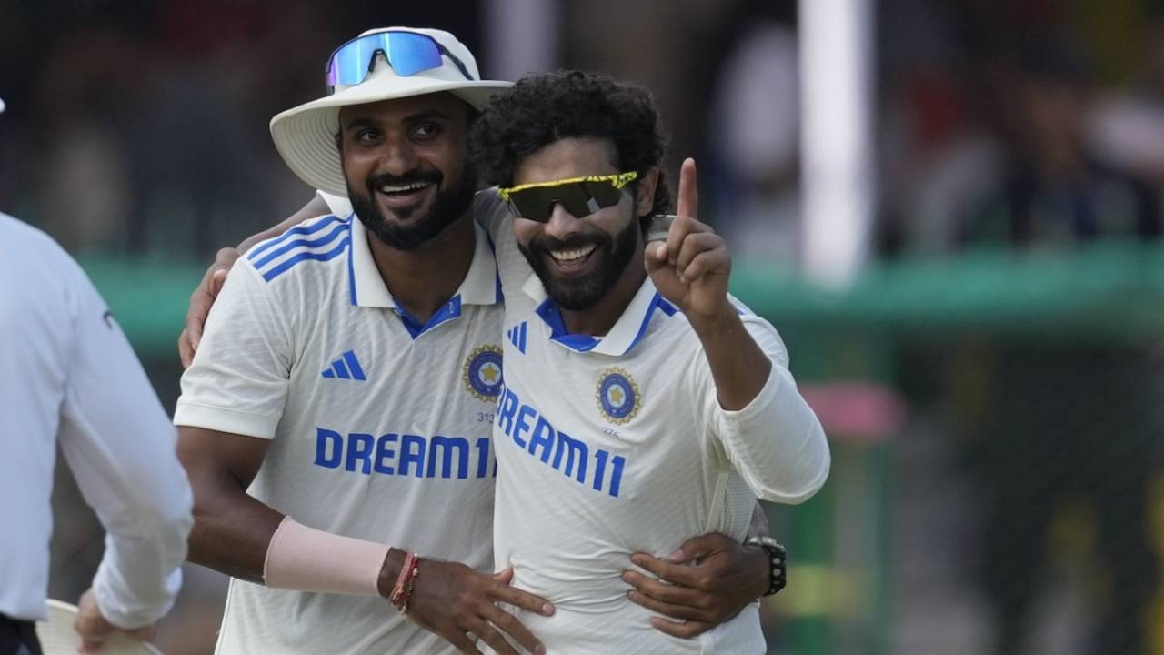 Akash Deep joined Ravindra Jadeja for the 300th Test wicket celebration, India vs Bangladesh, 2nd Test, 4th day, Kanpur, September 30, 2024