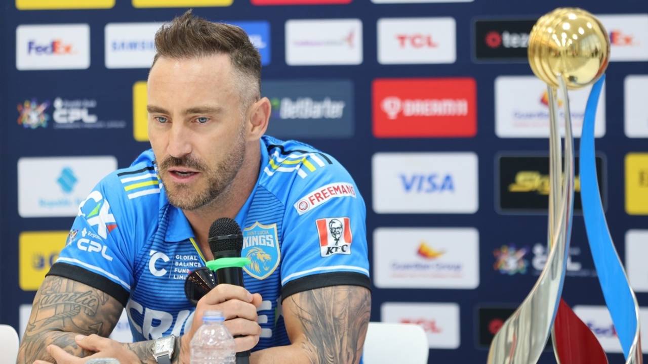 Faf du Plessis with the CPL trophy at a press conference, Guyana, September 30, 2024