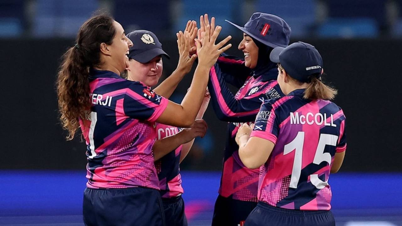Priyanaz Chatterji celebrates with her team-mates after taking a wicket, Scotland vs West Indies, T20 World Cup 2024, Dubai, October 6, 2024