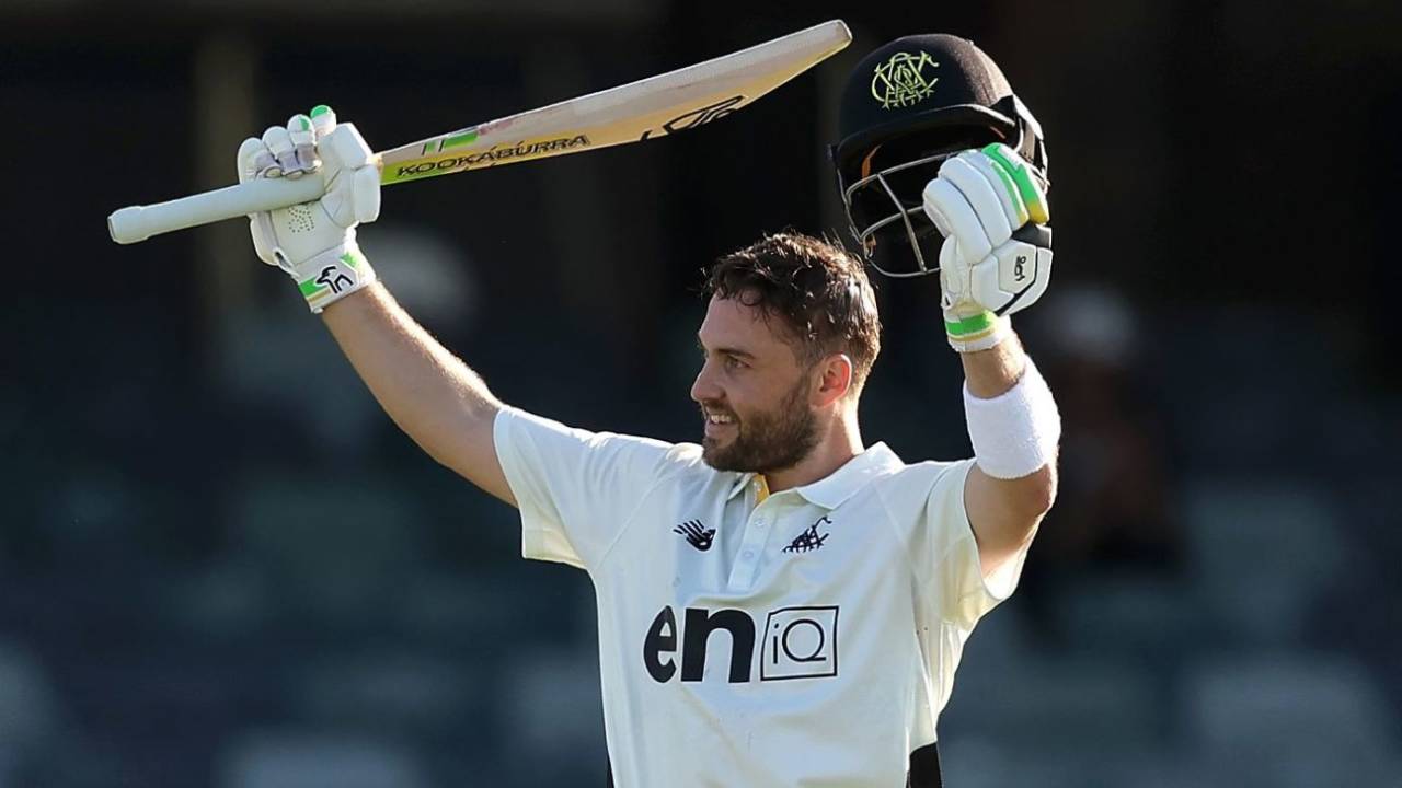 Josh Inglis celebrates his century, Western Australia vs Queensland, day 1, Sheffield Shield, WACA ground, October 8, 2024
