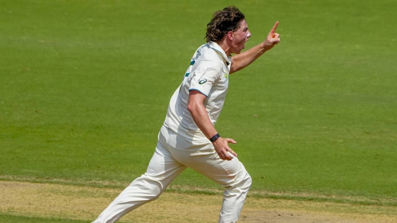Christian Howe wheels away after taking a wicket, India Under-19s vs Australia Under-19s, 2nd Youth Test, Chennai, 1st day, October 7, 2024