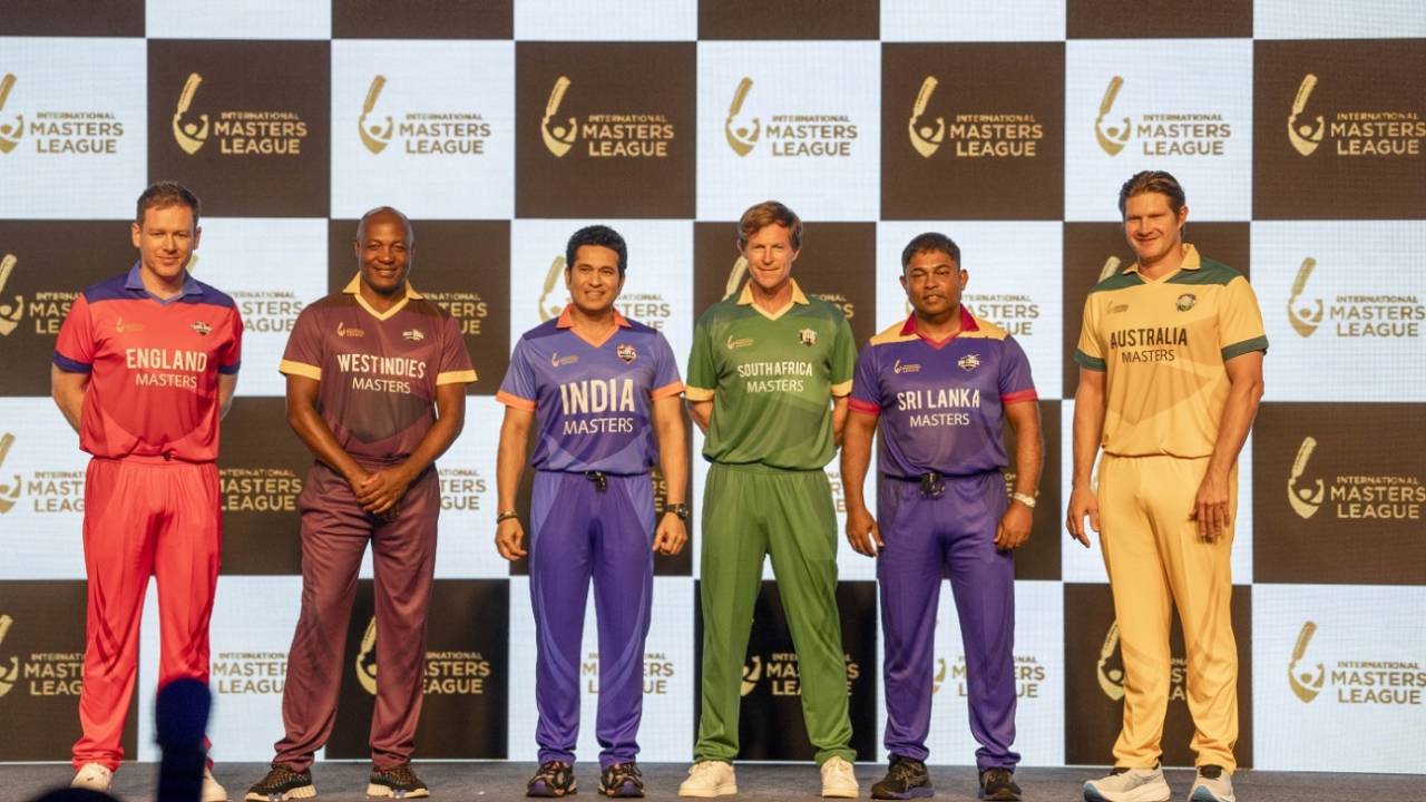 Eoin Morgan, Brian Lara, Sachin Tendulkar, Jonty Rhodes, Romesh Kaluwitharana and Shane Watson at the launch of the International Masters League, Mumbai, October 8, 2024