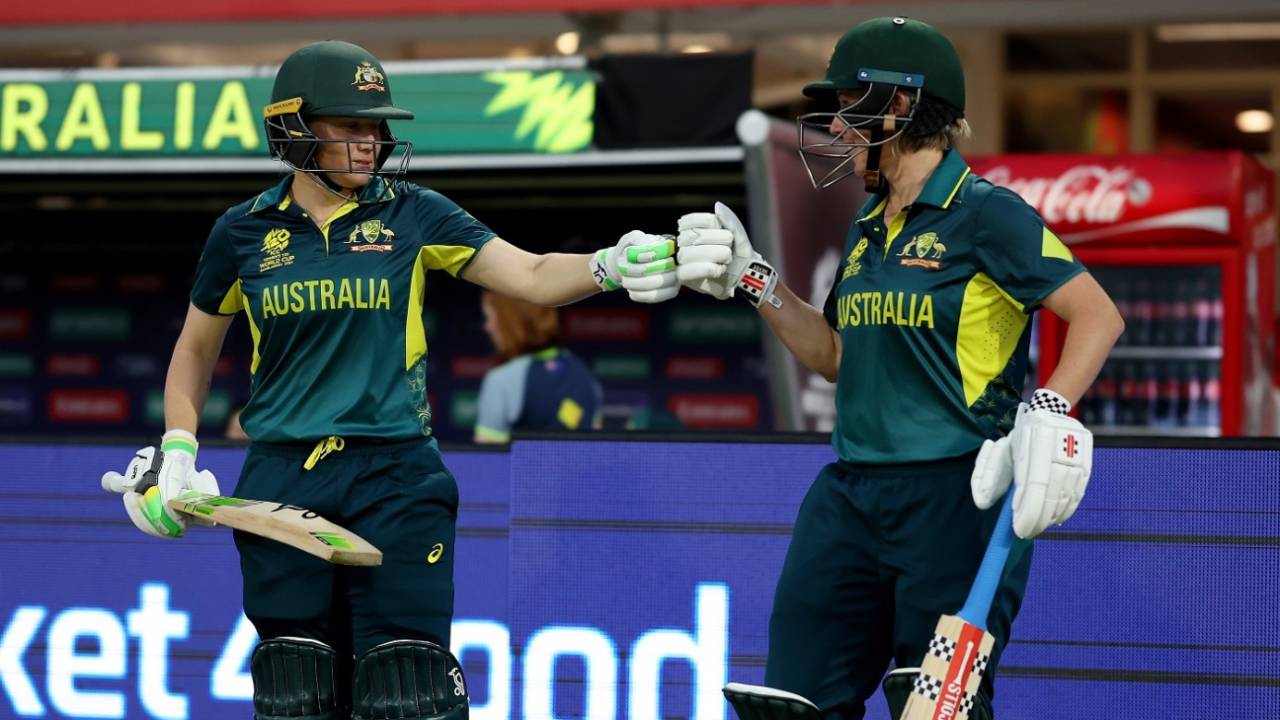 Alyssa Healy and Beth Mooney walk out to open the batting for Australia, Australia vs New Zealand, Group A, Women's T20 World Cup, Sharjah, October 8, 2024
