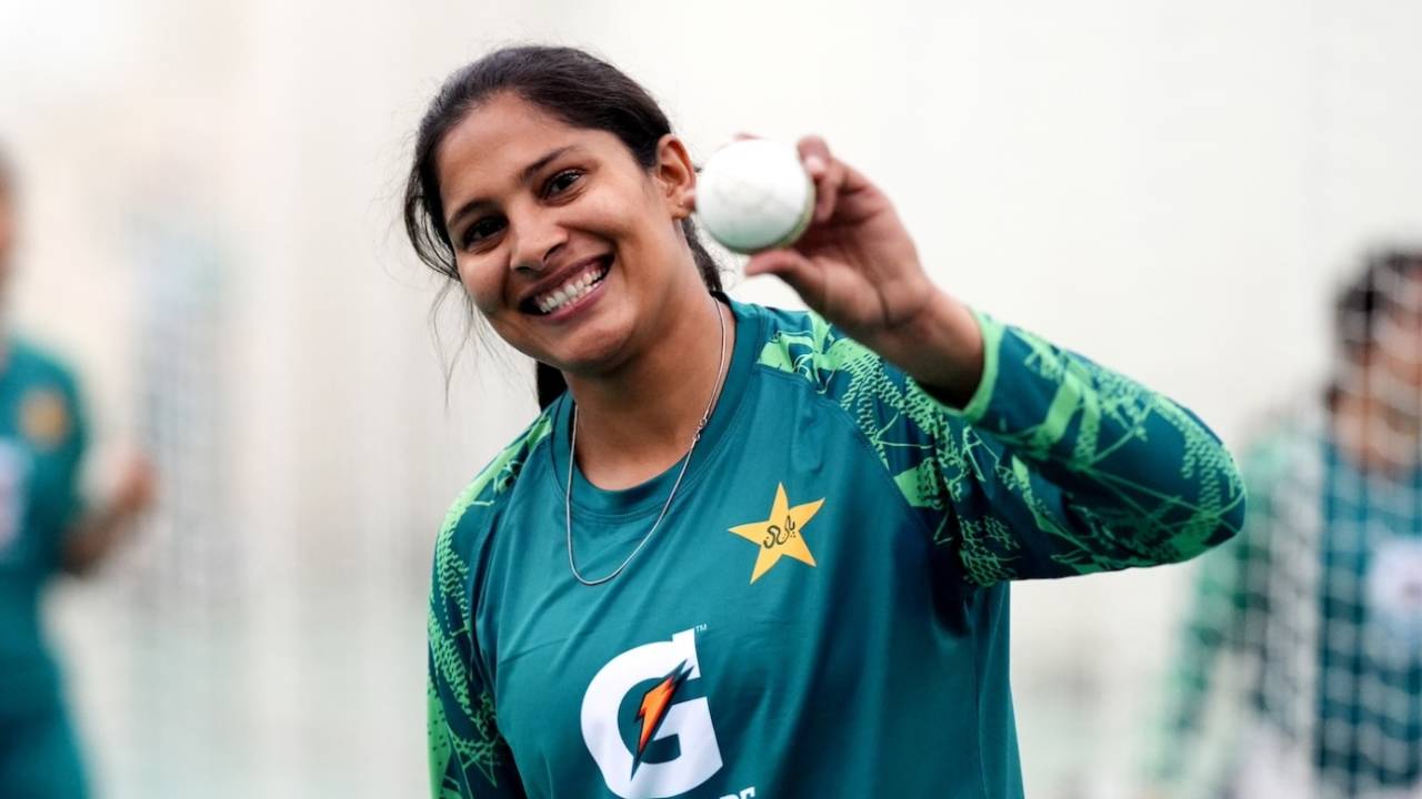 Sadia Iqbal strikes a pose during a nets session, Chelmsford, May 28, 2024