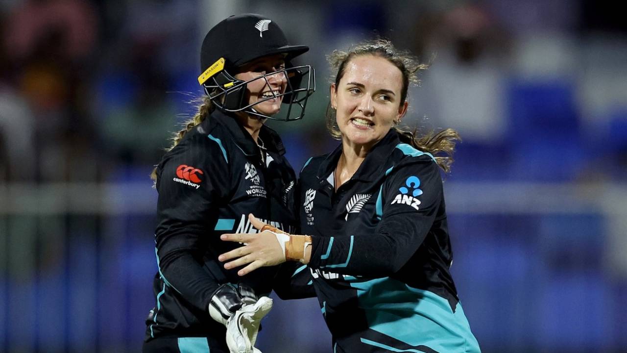 Amelia Kerr celebrates a wicket with Isabella Gaze, Australia vs New Zealand, Group A, Women's T20 World Cup, Sharjah, October 8, 2024