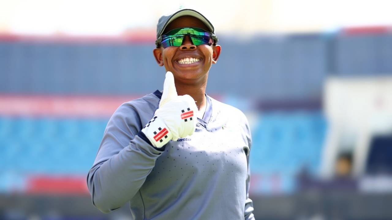 A thumbs up for the camera from Sinalo Jafta, Scotland vs South Africa, Women's T20 World Cup, Dubai, October 9, 2024