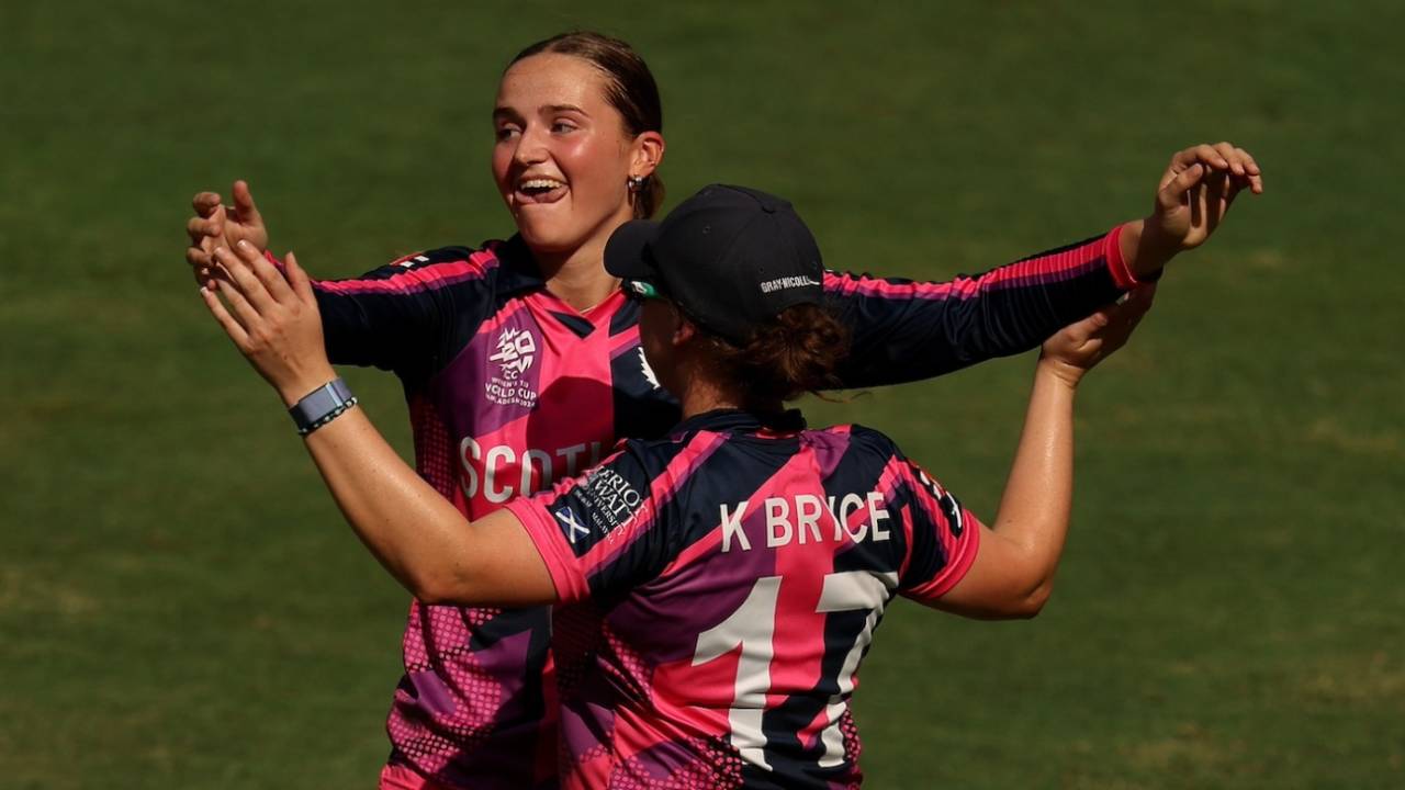 Darcey Carter celebrates with Kathryn Bryce after dismissing Anneke Bosch, Scotland vs South Africa, Women's T20 World Cup, Dubai, October 9, 2024