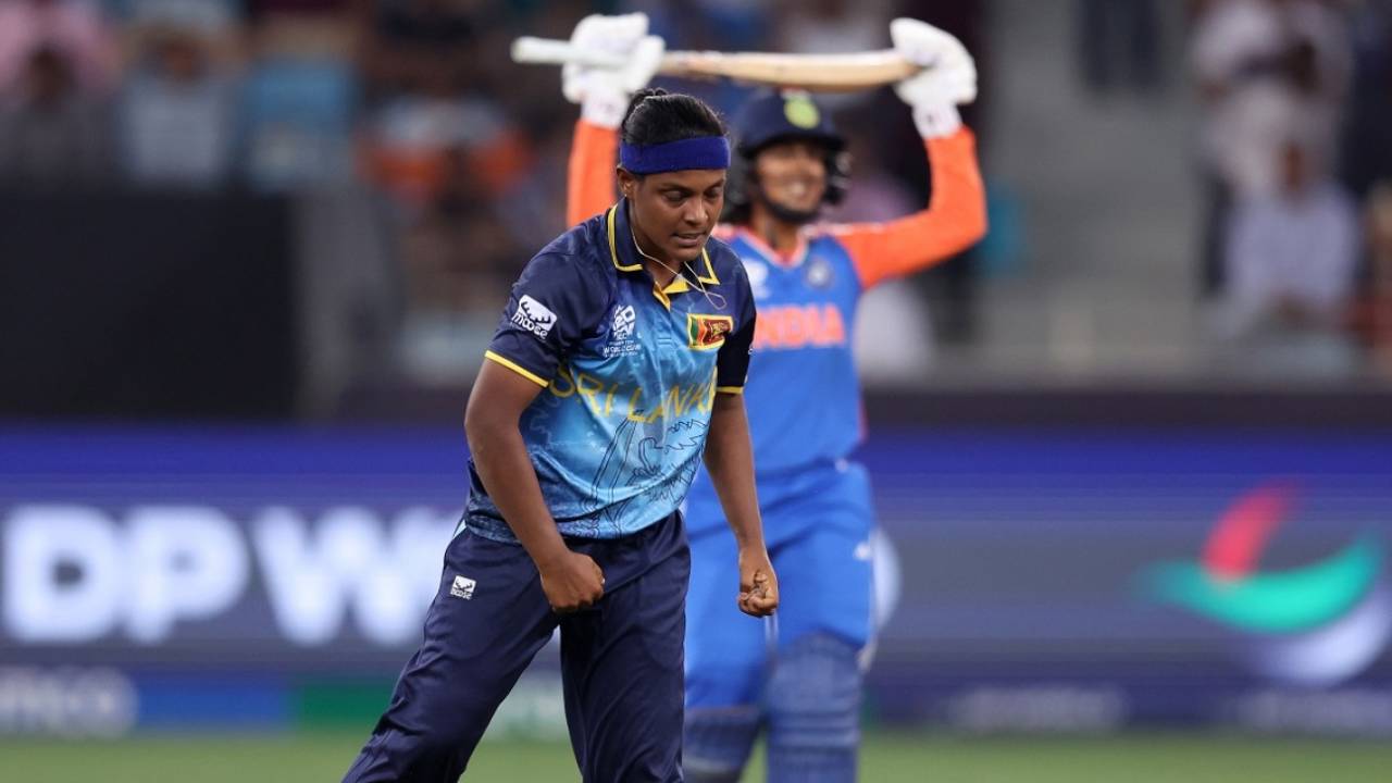 Ama Kanchana is delighted and Jemimah Rodrigues is gutted after the latter's dismissal, India vs Sri Lanka, ICC Women's T20 World Cup, Dubai, October 9, 2024