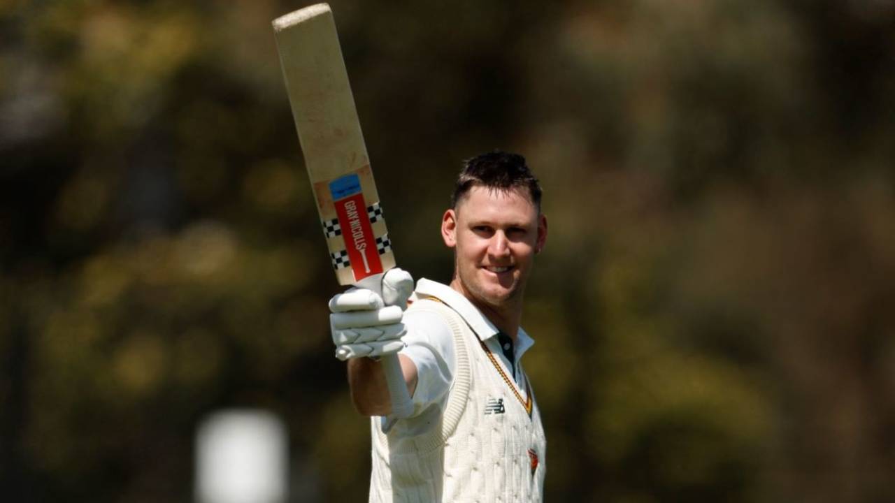 Beau Webster celebrates his 12th first-class century, Victoria vs Tasmania, day 3, Sheffield Shield, Junction Oval, October 10, 2024