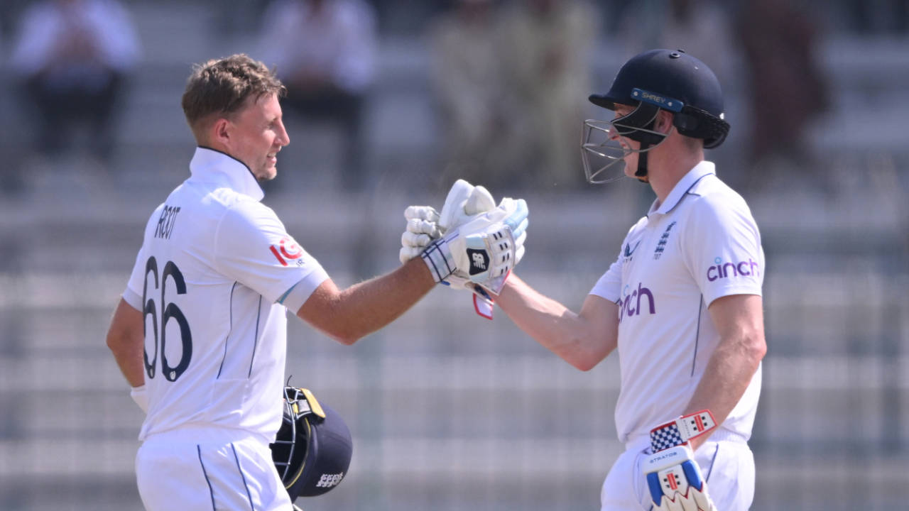 Joe Root shakes hands with Harry Brook after reaching his double-century, Pakistan vs England, 1st Test, Multan, 4th day, October 10, 2024