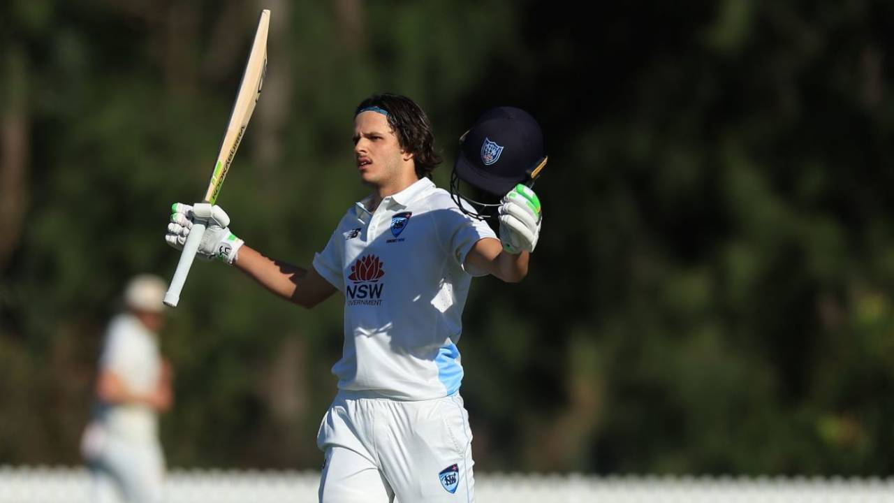 Sam Konstas celebrates his second century in the match, New South Wales vs South Australia, day 1, Sheffield Shield, Cricket Central, Sydney, October 10, 2024