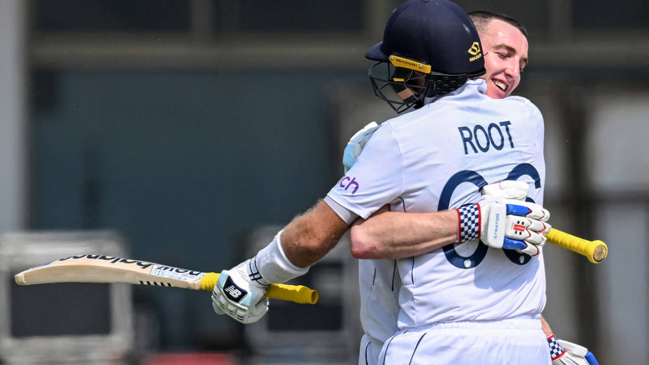 Harry Brook gets an embrace from his partner on reaching 200, Pakistan vs England, 1st Test, Multan, 4th day, October 10, 2024