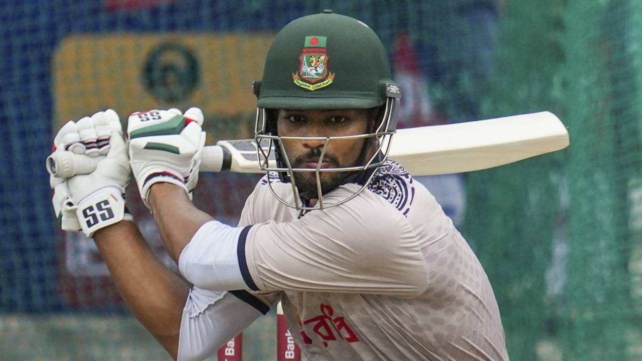 Najmul Hossain Shanto shapes to reverse-sweep at the nets, Hyderabad, October 11, 2024