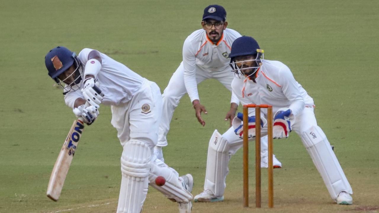 Shaik Rasheed knocks the ball into the leg side, Vidarbha vs Andhra, Ranji Trophy 2024-25, Nagpur, 1st day, October 11, 2024