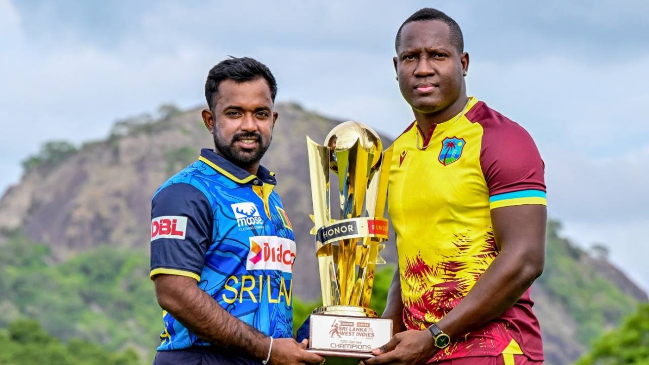 Charith Asalanka and Rovman Powell pose with the T20I series trophy, Dambulla, October 12, 2024