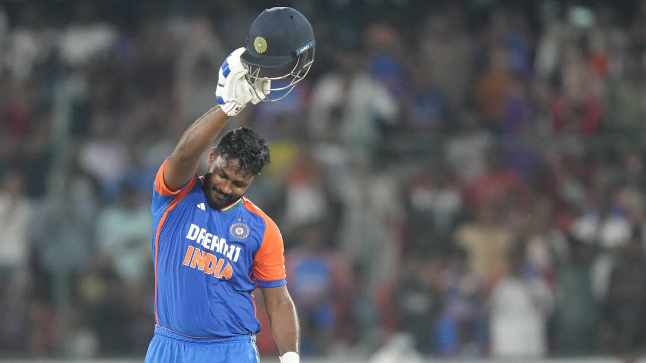 Sanju Samson tries to get his helmet as high as his strike rate, India vs Bangladesh, 3rd T20I, Hyderabad, October 12, 2024
