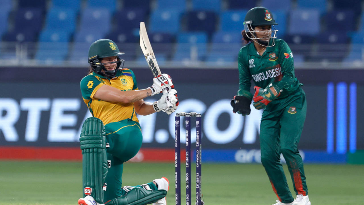 Tazmin Brits sweeps during South Africa's chase, Bangladesh vs South Africa, T20 World Cup 2024, Dubai, October 12, 2024