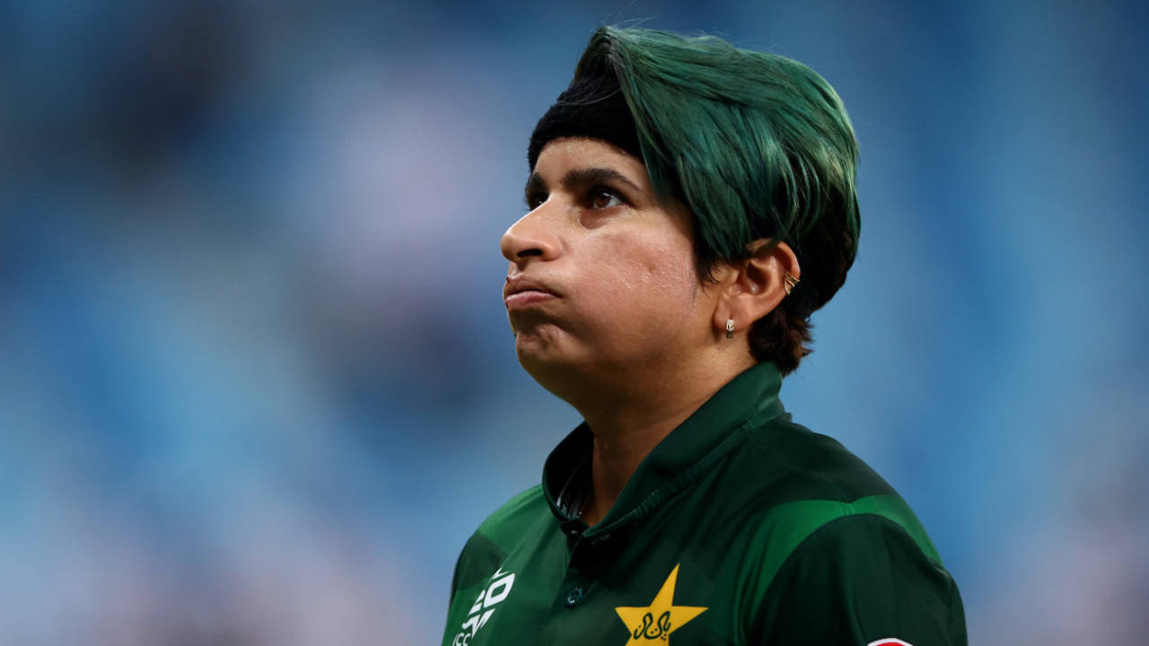A green-haired Nida Dar looks on, New Zealand vs Pakistan, Women's T20 World Cup, Dubai, October 14, 2024