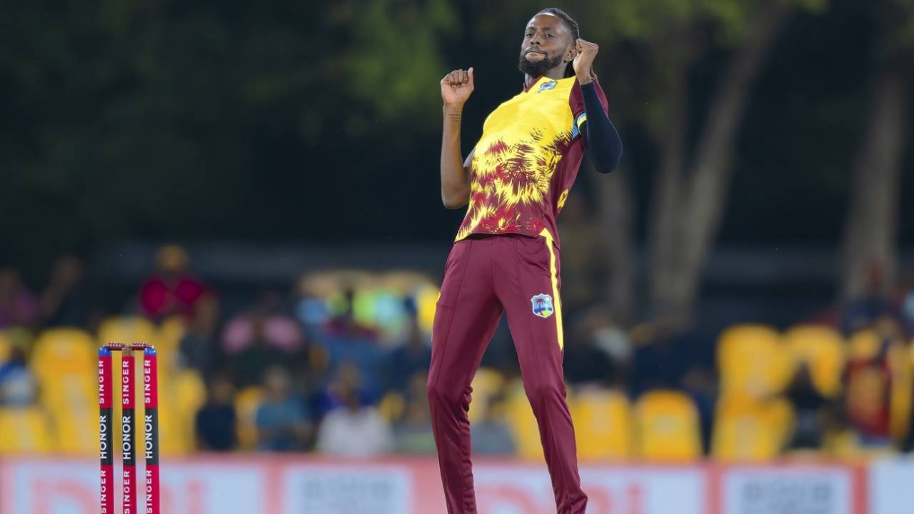 Shamar Springer celebrates dismissing Kusal Mendis, Sri Lanka vs West Indies, 2nd T20I, Dambulla, October 15, 2024