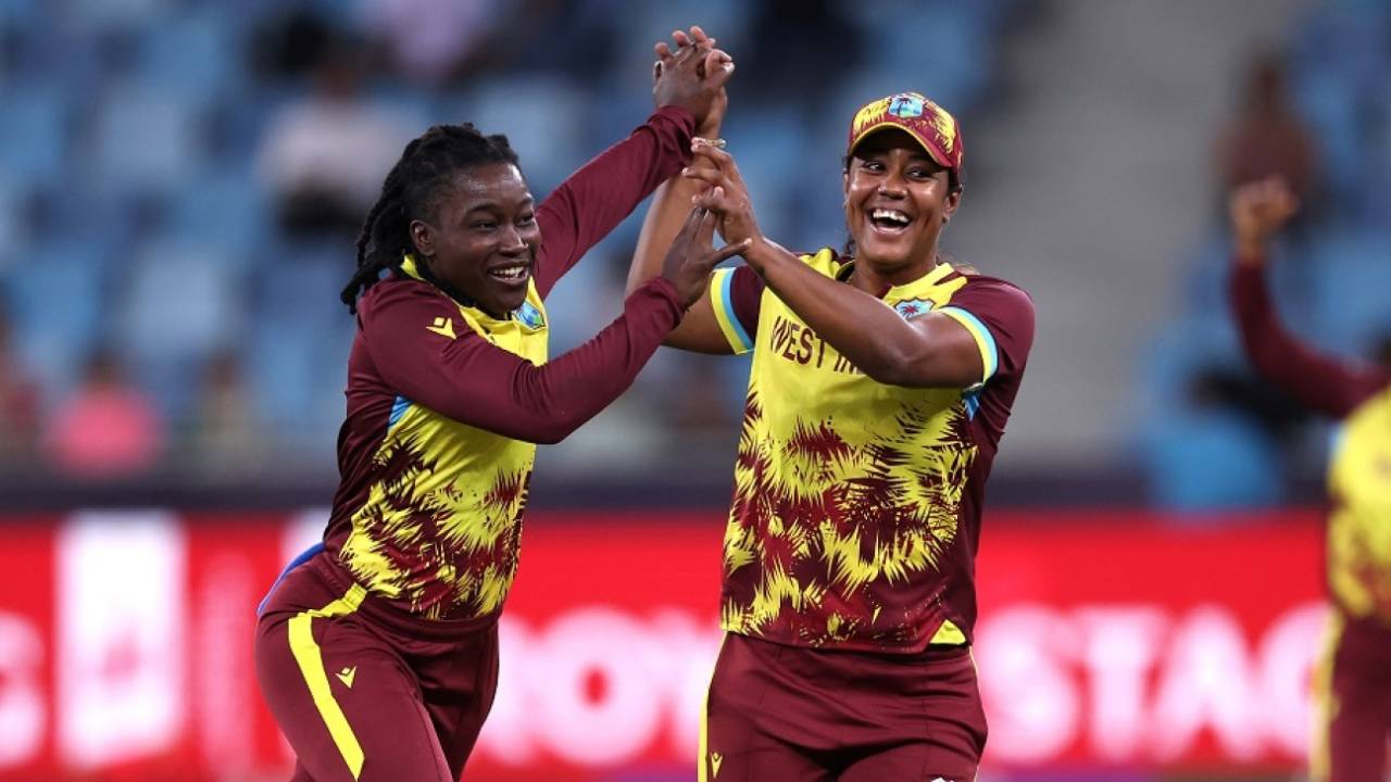 Deandra Dottin and Hayley Matthews celebrate the dismissal of Alice Capsey, England vs West Indies, Women's T20 World Cup, Dubai, October 15, 2024