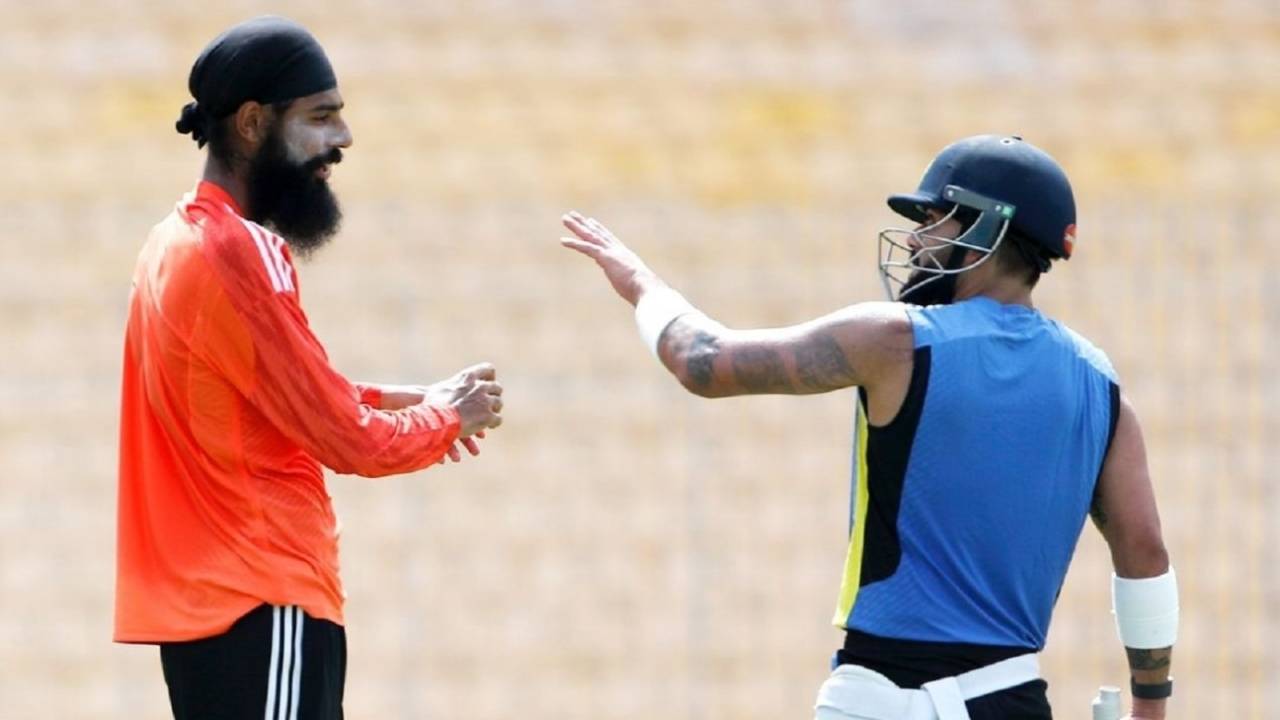 Gurjapneet Singh has a chat with Virat Kohli during his stint as an India net bowler, Chennai, September 18, 2024