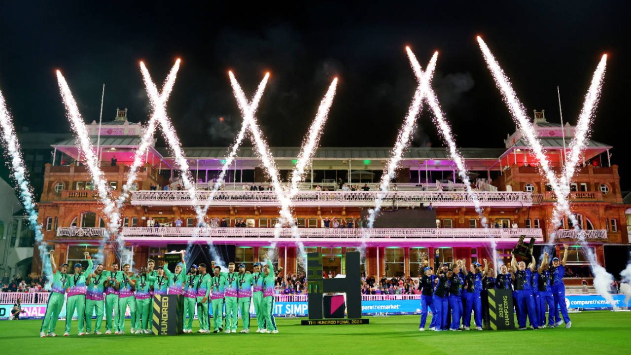 The winning teams in the 2024 Hundred parade their trophies, Lord's, August 18, 2024