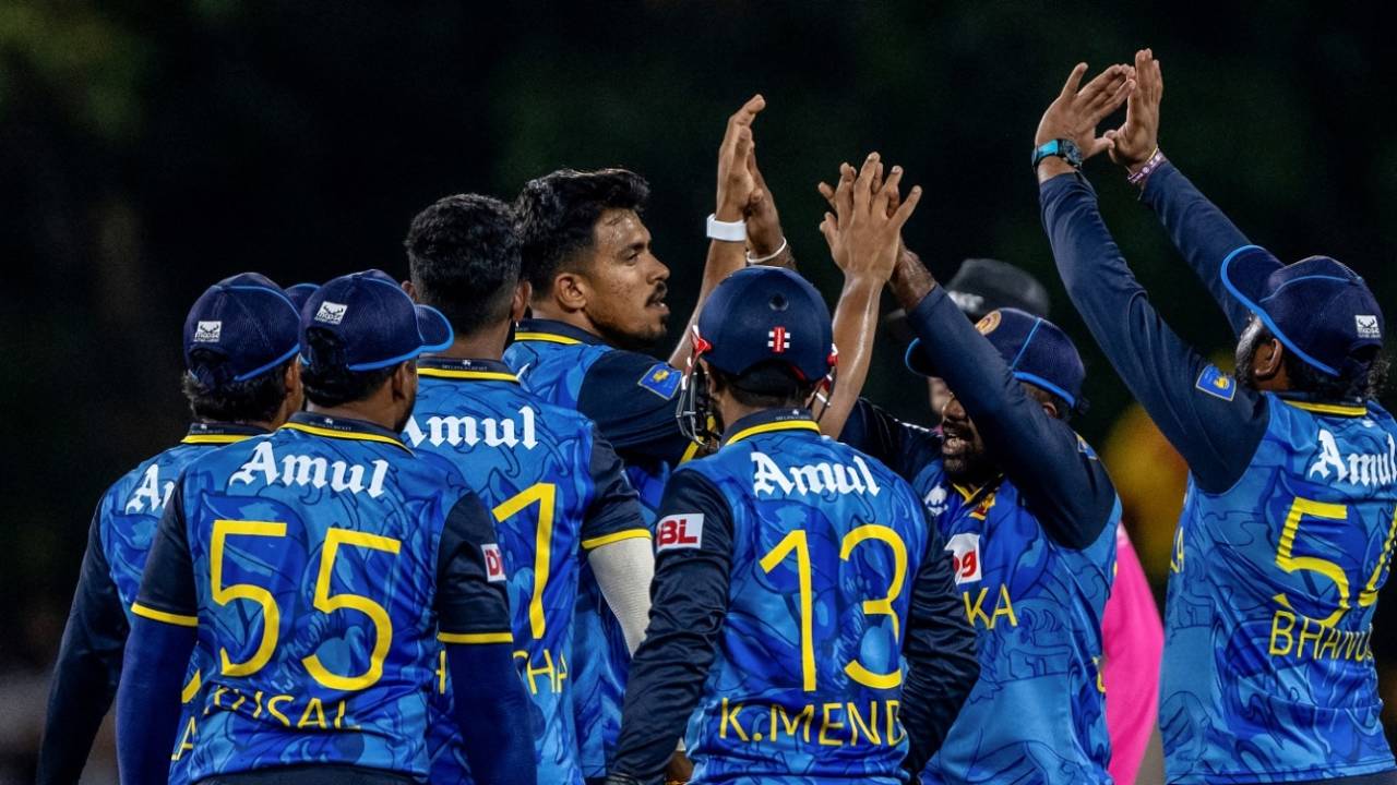 The Sri Lankan players celebrate a wicket, Sri Lanka vs West Indies, 3rd T20I, Dambulla, October 17, 2024