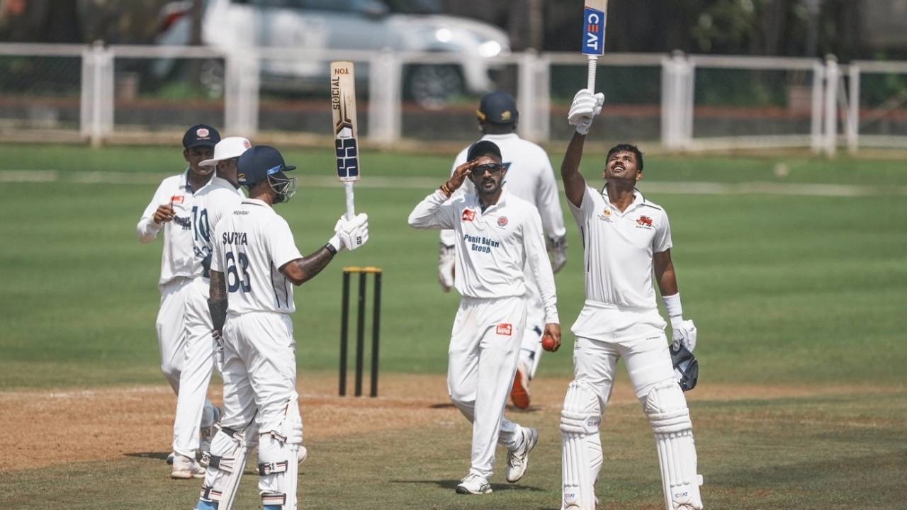 Shreyas Iyer celebrates his hundred, Mumbai vs Maharashtra, Sharad Pawar Cricket Academy, day 2, Ranji Trophy, October 19, 2024