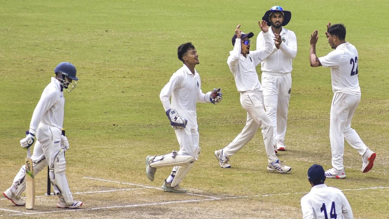 Mrinmoy Dutta and Co celebrate Arslan Khan's wicket, Assam vs Chandigarh, Guwahati, day 2, Ranji Trophy, October 19, 2024