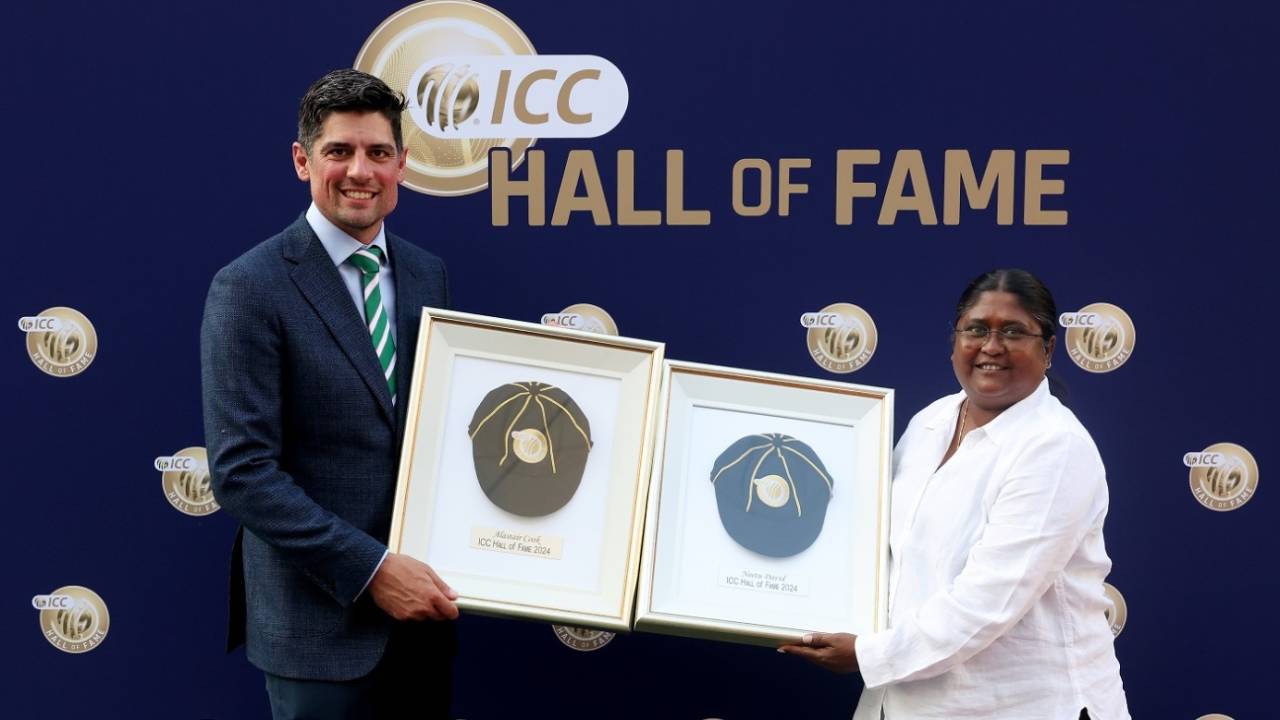 Alastair Cook and Neetu David were inducted into the ICC Hall of Fame, South Africa vs New Zealand, Women's T20 World Cup, final, Dubai, October 20, 2024