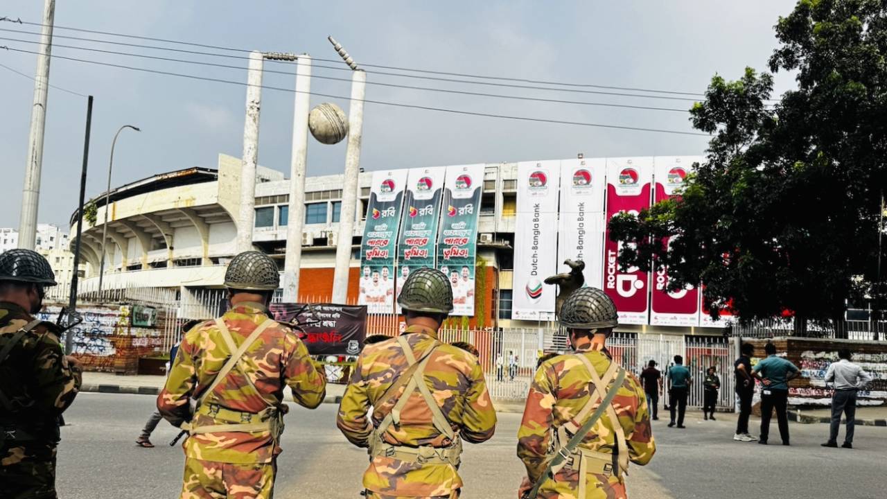 Security officials stand guard outside the Shere Bangla National Stadium, Dhaka, October 20, 2024